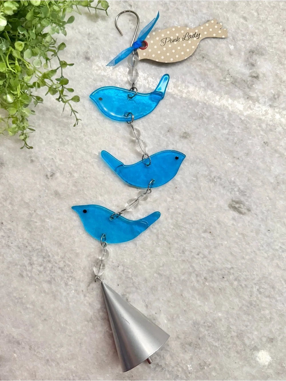 New Blue Glass Birds Suncatcher Wind Chime w/ Beads & Metal Bell - 17”